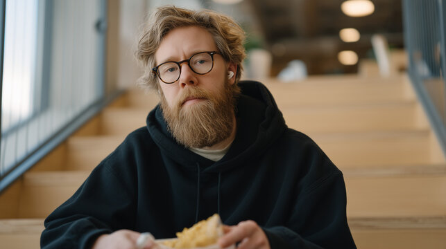 Man with sensory processing disorder arranging his lunch in a quiet stairwell away from the cafeteria, earbuds in, calm and focused, perfect for neurodiversity, quiet spaces, and contemporary workpl