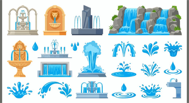 Collection of ornate water fountains and splashing water elements