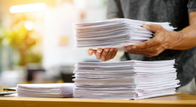 Person holding multiple stacks of papers in office environment