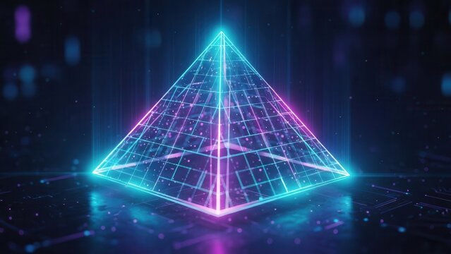 Futuristic glowing wireframe pyramid design representing advanced digital technology and data