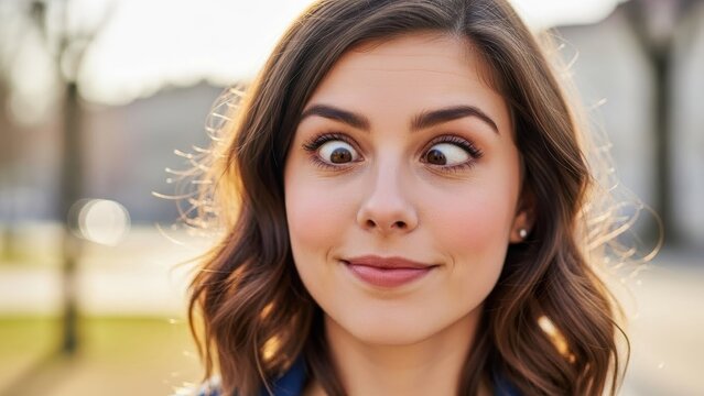 A cheerful young woman playfully crosses her eyes, creating a funny and lighthearted expression
