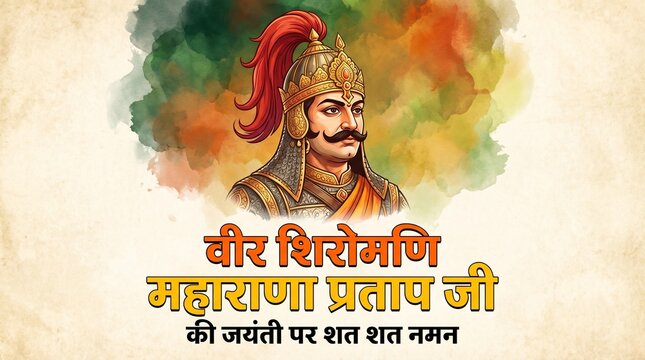Maharana Pratap Jayanti indian warrior portrait illustration with traditional attire and spear cultural tribute background for festival greeting design