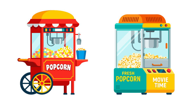 Two colorful popcorn machines are displayed in a cartoon style