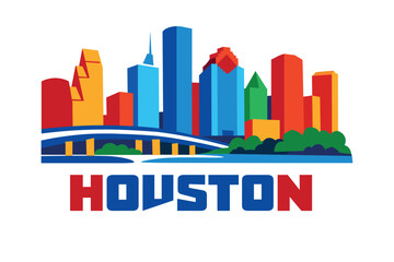 Fototapeta premium Colorful Flat Vector Illustration of Houston City Skyline with Bridge, River and Bold Text 