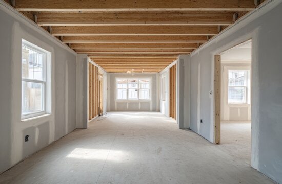 Interior view of an unfinished house with exposed wooden ceiling beams, framing walls, and large windows allowing natural light to fill the space