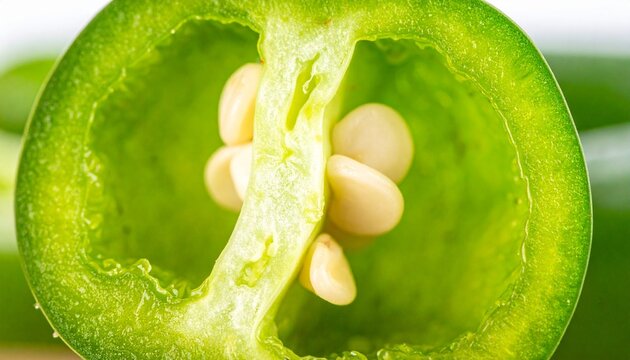 Fresh green padron pepper cross-section with seeds and ribs in natural light