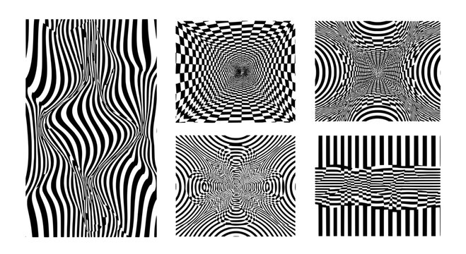 Optical illusion graphic squares with wavy stripes and checkered depth pattern for hypnotic poster design background