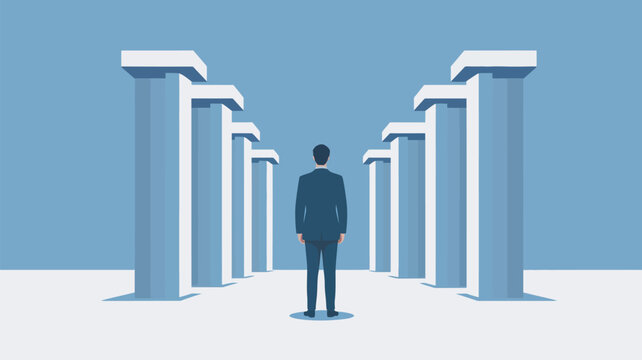 A businessman stands in front of multiple paths, contemplating his next career move in a symbolic representation of choices and opportunities.