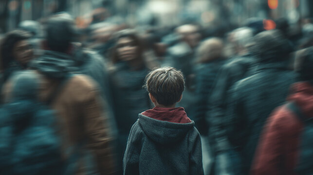 Child stands alone, facing crowded street