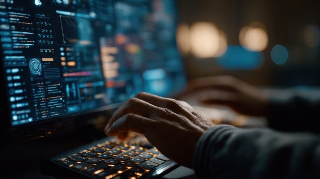 Person typing on keyboard in a darkened room with computer screen displaying code or data