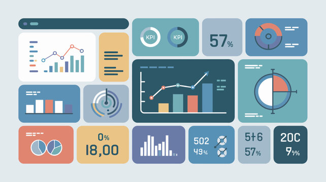 A collection of colorful infographic elements and data visualization tools on a light gray background