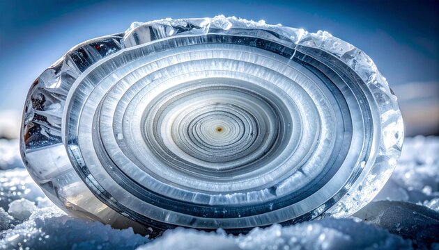 Close-up cross-section of layered hailstone with concentric ice rings in winter