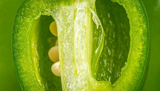 Macro close-up of mild padron pepper cross-section with seeds and ribs in vibrant green