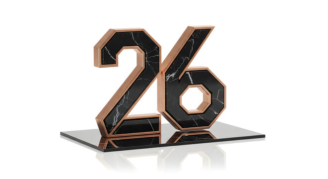 Luxury black marble and copper number 26 decorative sculpture on white background