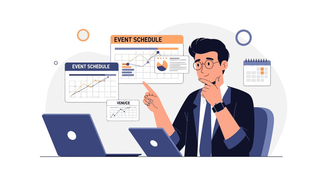 Man planning event schedule with charts and laptops, business strategy concept