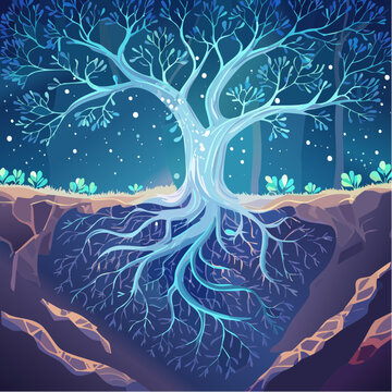 Bioluminescent Tree Illustration with Glowing Underground Plant Root Vector Design Element