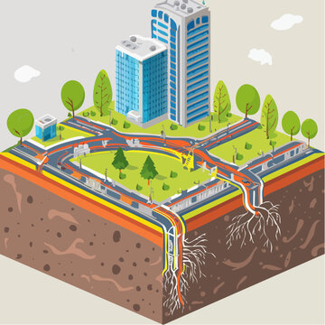 Isometric Urban City Cross Section Illustration showing Underground Infrastructure and Plant Root Vector