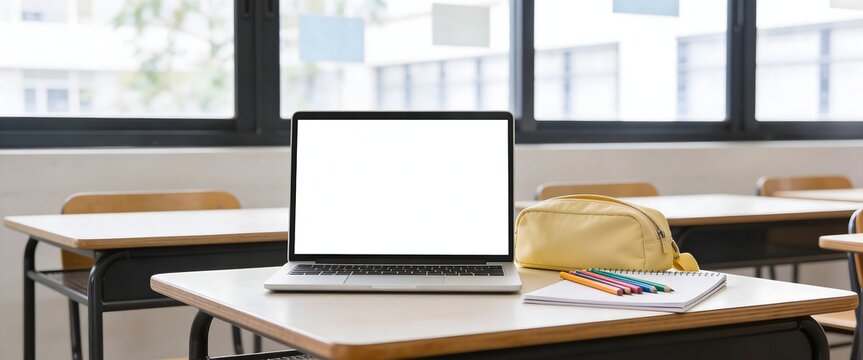 Blank laptop screen mockup on desk in bright modern classroom with yellow pencil case and notebooks
