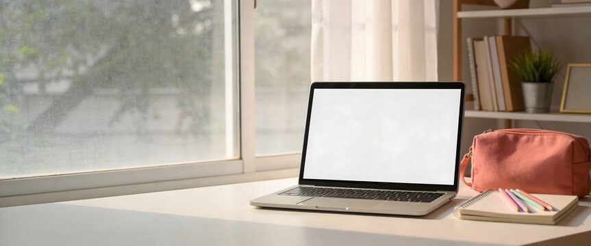 Blank laptop screen mockup on white desk near window with pink pencil case and notebook in modern home office