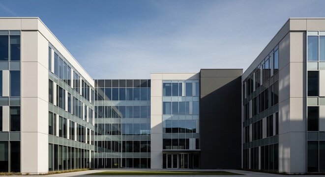 Modern office building with glass facade, isolated on transparent background