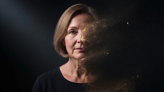 Mature Woman Dissolving into Particles in Darkness Identity Fading Concept
