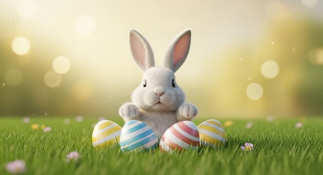 Cute White Easter Bunny in Green Grass with Striped Colorful Eggs over Blurred Bokeh Background