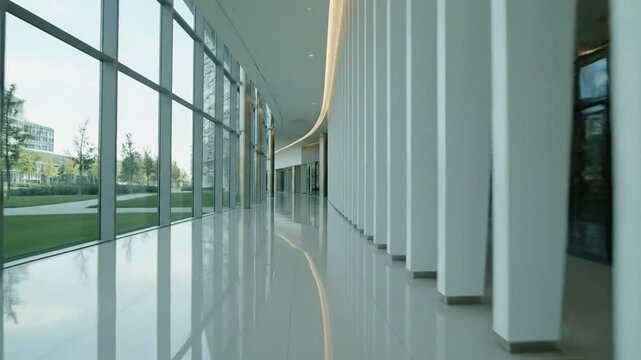 Modern architectural corridor with large windows and polished floors in contemporary building