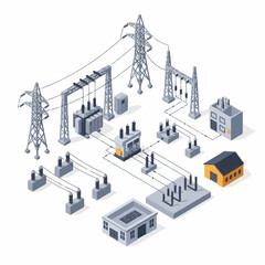 Naklejka premium Electrical power distribution substation and transmission towers isometric illustration.