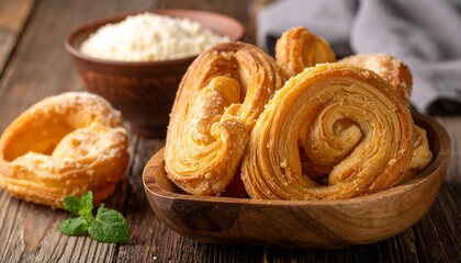 Fototapeta premium A rustic still-life shows pastries in a wooden bowl with flour in a ceramic bowl, placed on a wooden surface