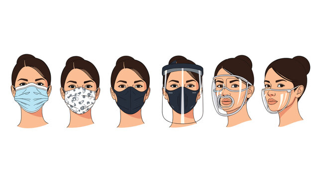 Set of female avatars demonstrating different types of protective face masks and transparent shields for various safety and medical scenarios.