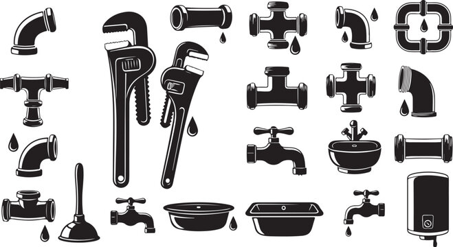 Plumbing tools and fixtures in black and white illustration