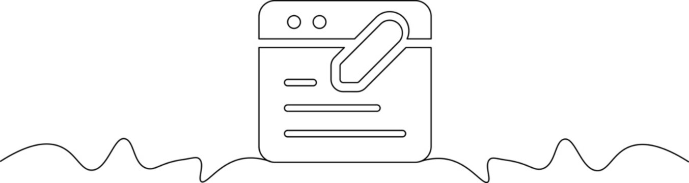A simple line drawing of a web browser window with a paperclip on a wavy line background