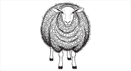 A detailed black and white pen and ink drawing of a fluffy sheep standing, facing forward, isolated on white background. © Zbrake Studio