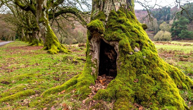 Ancient moss-covered beech tree hollow in serene woodland meadow