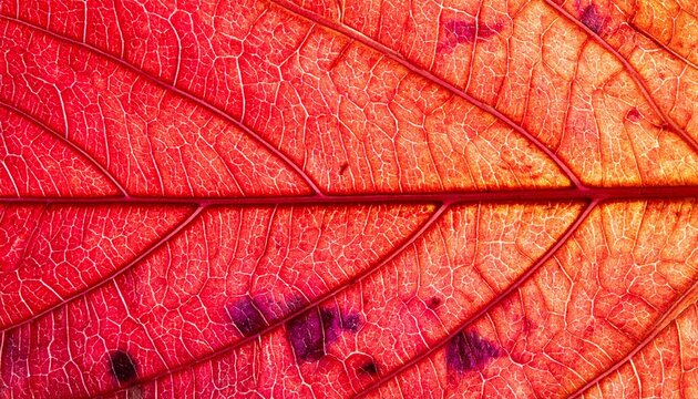 Macro cross-section of red shiso leaf with vibrant vein patterns and backlit glow