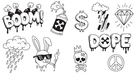 Collection of hand-drawn graffiti style doodle elements including boom text, spray paint can, dollar sign, lightning, diamond, rabbit, skull, and peace sign. © Zbrake Studio