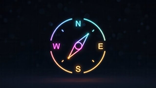 Vibrant glowing compass indicating direction with colorful neon light on dark background digital