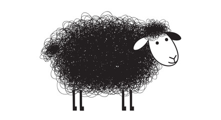 A whimsical illustration of a fluffy black sheep with a white face, standing against a clean white background. Perfect for children's designs and farm themes.
