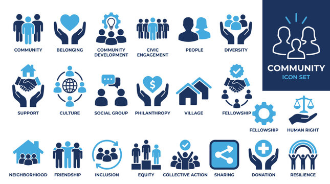 Community solid icon set with people, group, support, partnership, share, sharing, collaboration, social network symbols. clean vector icons for apps, web, branding.