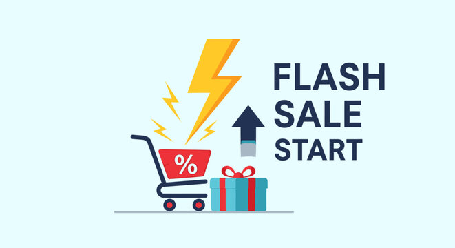 Vibrant e-commerce illustration signaling a time-sensitive shopping event, featuring exciting discounts, exclusive offers, and quick deals for consumers