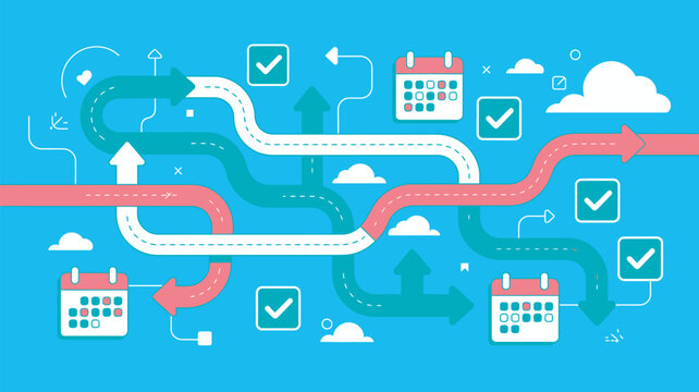 A colorful infographic illustrating a complex workflow with multiple paths and deadlines.