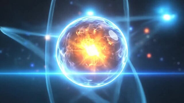 An abstract illustration of an atom with orbiting electrons and a bright core in space