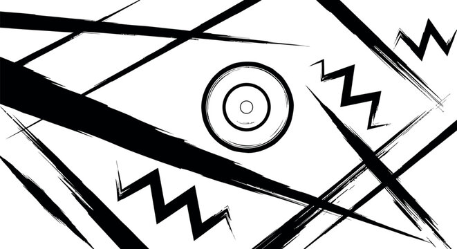 Abstract black and white composition energetic lines and shapes conveying dynamic movement and visual intrigue