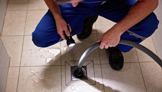 A person in blue work attire is crouching, shining a flashlight into a floor drain while inserting a flexible hose, with water visible on the tiled floor.