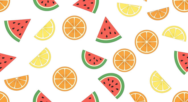 Seamless vector pattern featuring a fresh and healthy collection of juicy citrus slices like orange lemon lime and grapefruit alongside tropical kiwi for a sweet fruit background illustration