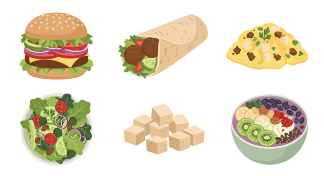 A set of colorful Easter eggs decorated with floral patterns and cartoon food icons like burgers and pizza for a festive menu design