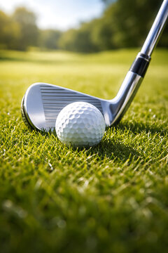 Golf club rests beside a white golf ball on green grass