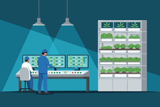 Vertical Farm Control Room Scene Vector Illustrat