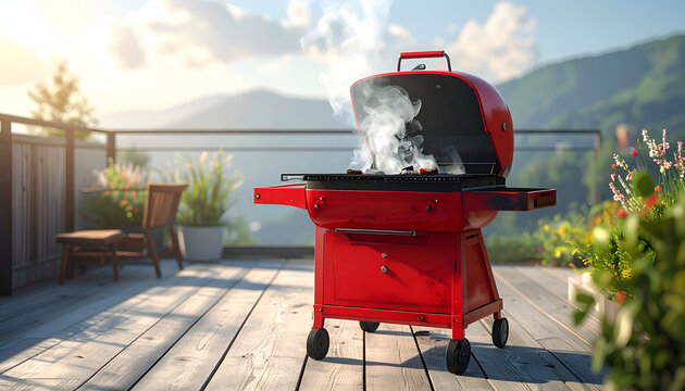 A vibrant red barbecue grill is actively cooking food on a wooden deck with a scenic mountain backdrop.