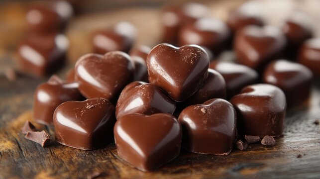 Chocolate hearts on wooden table; sweet treat